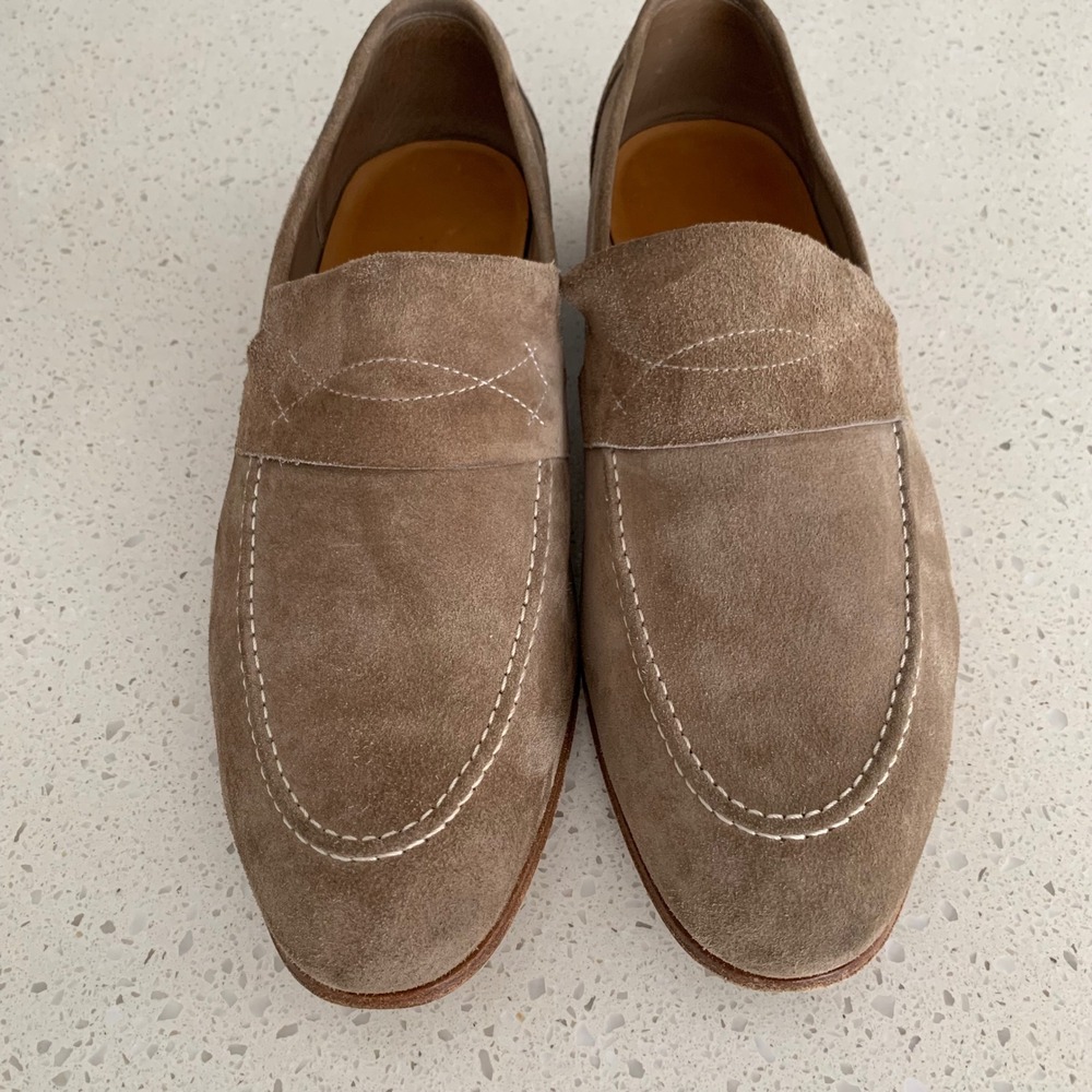 John Lobb Men Tan Suede Penny Loafers Contrast Stitch Almond Toe Made in Italy 9